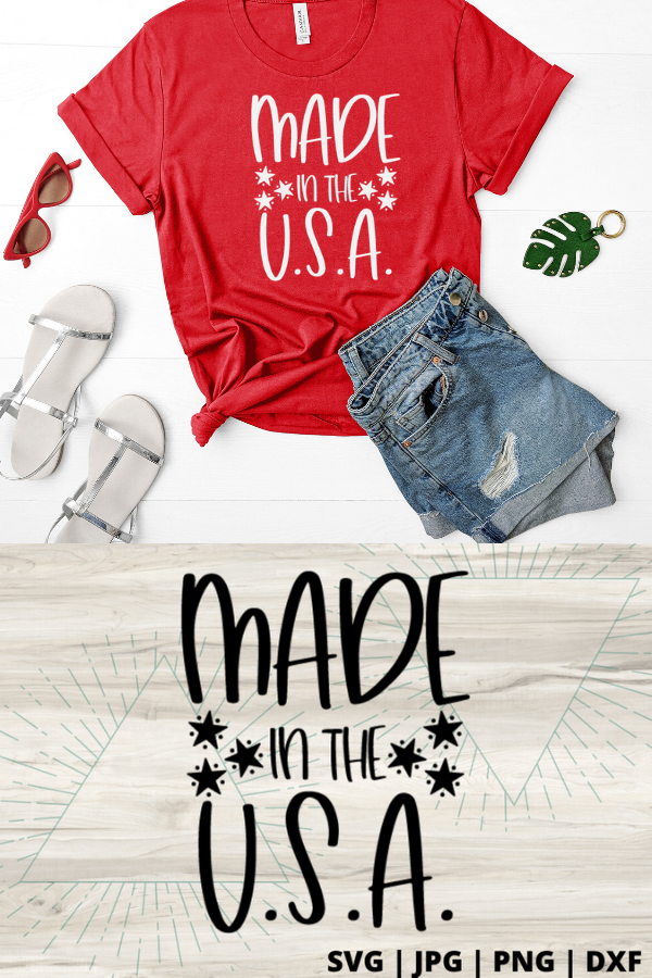 Free Made in America SVG will make for the perfect DIY patriotic Tee. Make a 4th of July shirt with this simple SVG. Cricut SVG files make for super easy beginner projects. #cricut #silhouette #freesvg #svg #diy #project