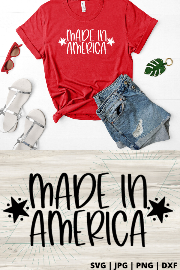 Free Made in America SVG will make for the perfect DIY patriotic Tee. Make a 4th of July shirt with this simple SVG. Cricut SVG files make for super easy beginner projects. #cricut #silhouette #freesvg #svg #diy #project